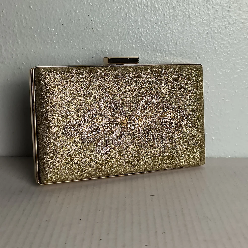 Shimmer Gold Sequin Evening Clutch Bag Clasp Closure Rhinestone Metal Strap